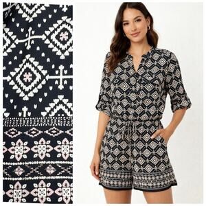 AQUA Boho Aztec Geometric Romper Roll-Tab Sleeve Drawstring Waist XS NWT